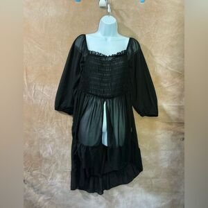SHEIN super sheer Black Smocked Babydoll Dress with Bishop Sleeves